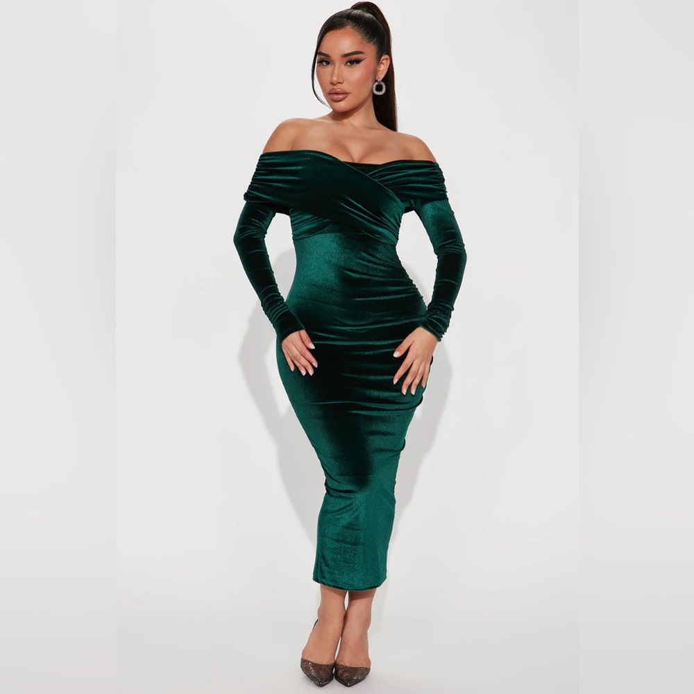 Green sexy Velvet Midi Dress - Hunter